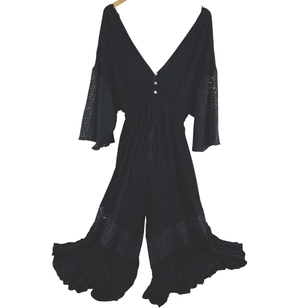HYFVE Black Crinkled Cropped Wide Leg Jumpsuit Lace Bell‎ Sleeve V Neck M